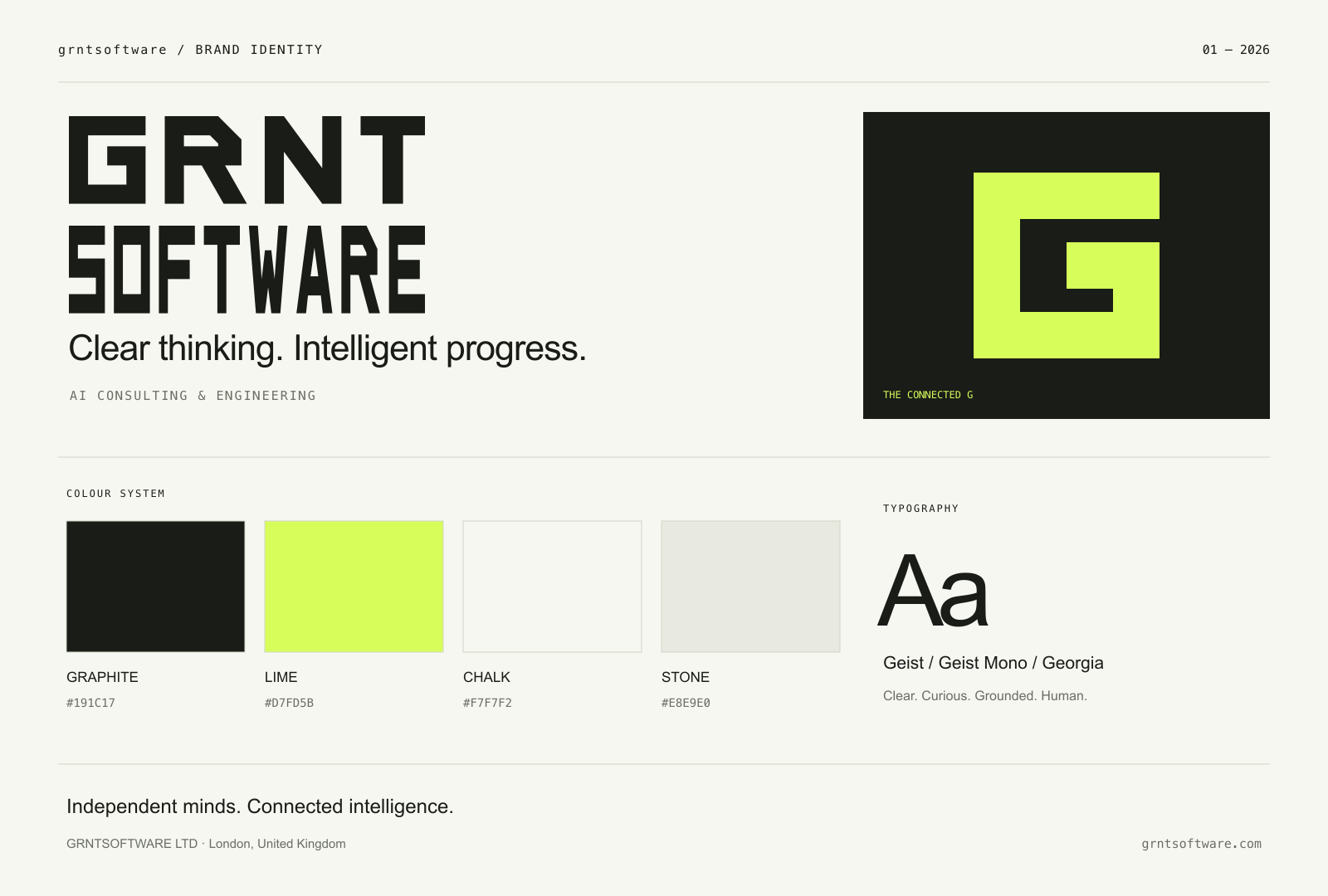 grntsoftware visual identity overview: wordmark, connected G, colours, and typography